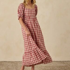 Red Plaid Midi Dress with Puff Sleeves